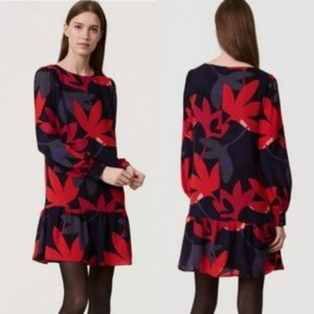 Loft Navy Dress with Red Flowers